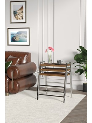 ED Efelez Design Zigon Sehpa , Aden 3'lü Tepsi Zigon Sehpa Takımı Gümüş Metal - Barok Tabla