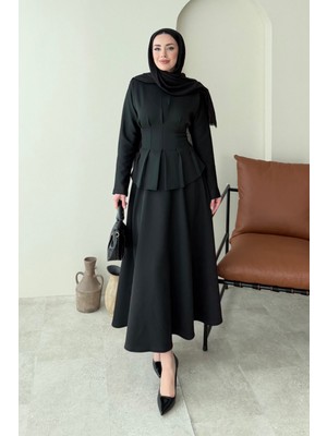 Tesettür Diyarı Yuna Belden Bağlamalı Scuba Etekli Takım- Siyah