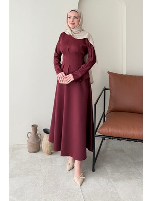 Tesettür Diyarı Yuna Belden Bağlamalı Scuba Etekli Takım- Bordo