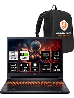 Acer Nitro V 16 Intel Core I5 14450HX 48GB 4tb SSD RTX4050/6GB 85W 16" Fhd+ 165Hz W11H Taşınabilir Bilgisayar & Per4 Çanta NHQTREY001P370
