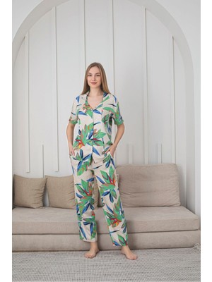 Asel Kadın Dokuma Belmando Kısa Kol Uzun Pantalon Cepli Pijama Takımı