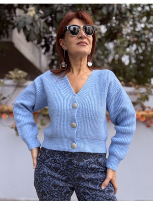 Denizege Butik Yün Karışımlı Kısa Hırka Mavi