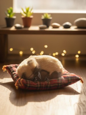 Gifi Peluş Yavru Köpek Oyuncak Minder Üstünde Uyuyan Kedi Küçük Boy 10 x 11