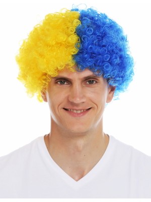 Bi Seyyar Sarı Lacivert Kıvırcık Afro Bonus Taraftar Peruğu