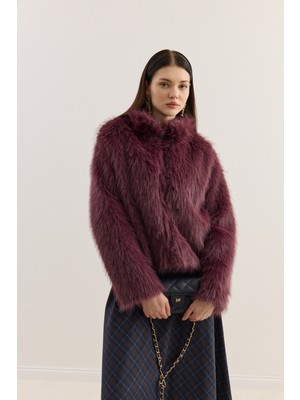 Emnora Dik Yakalı Premium Kürk Burgonya