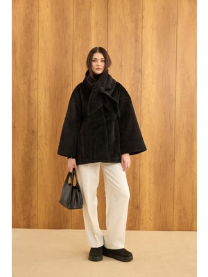 Emnora Fularlı Oturtmalı Midi Fox Kaban Siyah