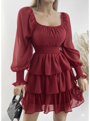 Kadın Uzun Kollu Kare Yaka Beli Lastikli Volanlı Şifon Elbise