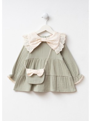 Magu Kız Çocuk Pamuklu Çağla Yeşili Fiyonklu Dantelli Yakalı Elbise Takım - Çantalı
