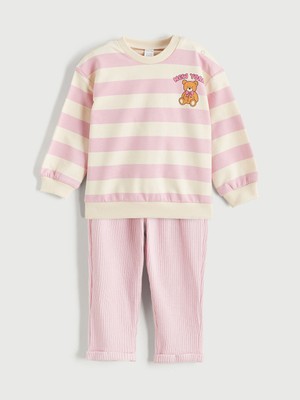 LC Waikiki Ekru Baskılı Kız Bebek Sweatshirt ve Pantolon 2'li