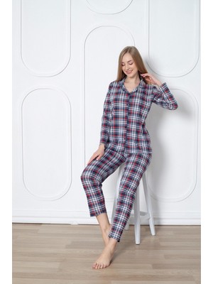 Asel Kadın Boydan Düğmeli Ekose Pijama Takım