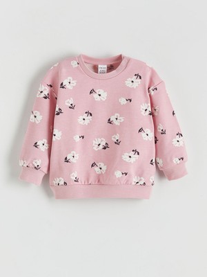 LC Waikiki Pembe Bisiklet Yaka Çiçekli Kız Bebek Sweatshirt ve Tayt 2'li