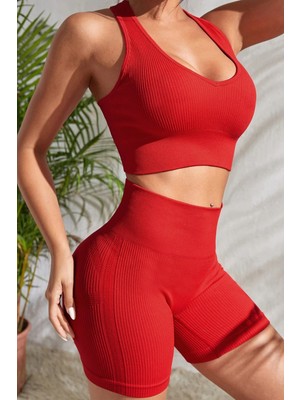 Çamaşır Kenti Kadın Kırmızı Yüksek Bel Çapraz Sırt Detaylı Şortlu Gecelik Takım