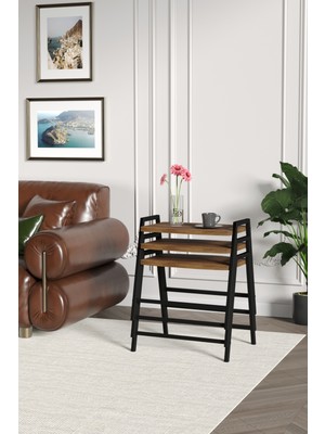 ED Efelez Design Zigon Sehpa , Aden 3'lü Tepsi Zigon Sehpa Takımı Siyah Metal - Barok Tabla