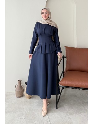 Tesettür Diyarı Yuna Belden Bağlamalı Scuba Etekli Takım- Lacivert
