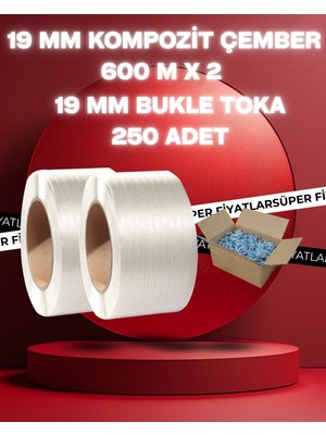 Dalpak Ambalaj 19 mm Beyaz Kompozit Lifli Çember 2 x 600 Metre ve Bukle Toka ( 250 Adet )
