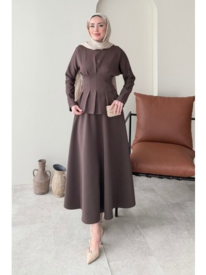 Tesettür Diyarı Yuna Belden Bağlamalı Scuba Etekli Takım- Acı Kahve