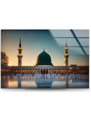 Myphotostation Huzur Mescid-I Nebevi Gün Batımı Dekoratif Temperli Cam Tablo, Modern Uv Baskılı Duvar Tablosu, Salon ve Ofis Için Şık Duvar Dekoru