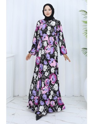 Desenli Penye Elbise 2135B-01 Siyah Mor