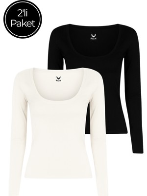 Rich Kadın 2'li Paket Siyah-Beyaz U Yaka Vücudu Saran Uzun Kollu Bluz