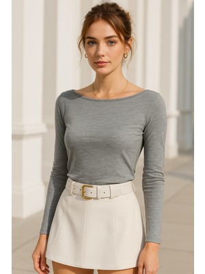 Rich Kadın Gri Kayık Yaka Uzun Kollu Bluz