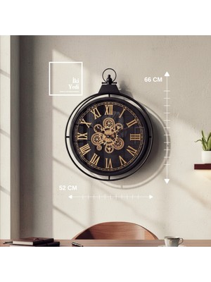 İki Yedi Konsept Theranos Döner Çarklı Mekanizmalı Metal Duvar Saati 66 x 52 cm Roma Rakamlı Büyük Siyah Duvar Saati