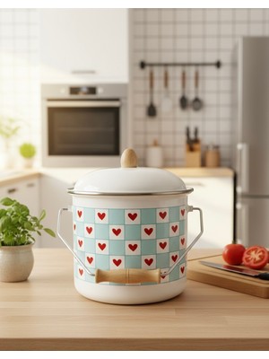 Alev Emaye Kalp Desenli Emaye Bakraç 5 Lt Yoğurt Tenceresi Bakliyat Saklama Tenceresi ( 20 cm 5 Lt )