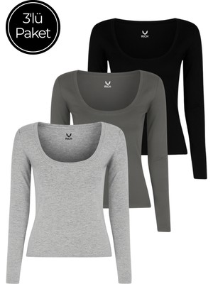 Rich Kadın 3'lü Paket Siyah-Füme-Gri Melanj U Yaka Vücudu Saran Uzun Kollu Bluz