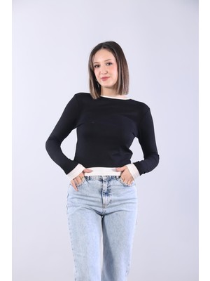 Mckanzie 8450 Boynu Eteği Kol Ucu Parçalı O Yaka Bluz