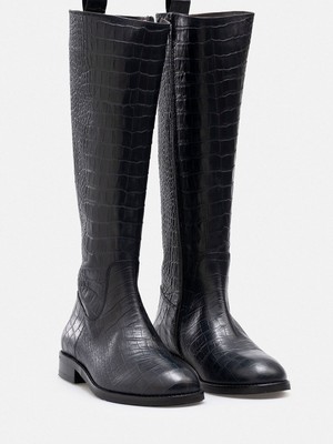 Rujo Yılan Desenli  Hakiki Kroko Deri El Işçiliği Yandan Fermuarlı Siyah Çizme