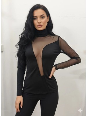 Kadın Uzun Kollu Balıkçı Yaka Önü Asimetrik Transparan Detay Bluz