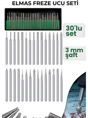 Transformacion 30 Parça Elmas Freze Ucu Seti - 3mm Şaft Profesyonel Gravür, Oyma ve Hassas Taşlama Seti 722639