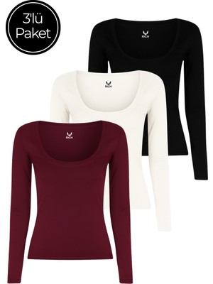 Rich Kadın 3'lü Paket Siyah-Beyaz-Bordo U Yaka Vücudu Saran Uzun Kollu Bluz