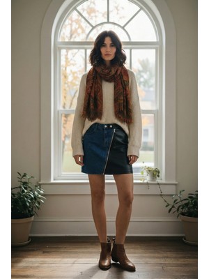 Asimetrik Fermuar Detaylı Kot ve Deri Karma Mini Etek