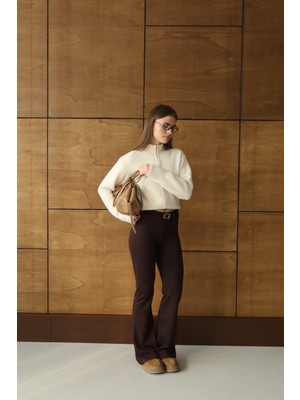 Fehu Bloom Kadın Kahverengi Yüksek Bel Ispanyol Paça Tayt Pantolon