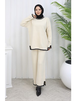 Triko Yırtmaç Detaylı Kazak Pantolon Ikili Takım 0011-07 Bej