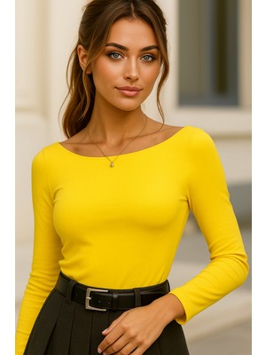 Rich Kadın Sarı Kayık Yaka Uzun Kollu Bluz