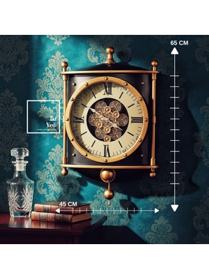 İki Yedi Konsept Tourbillon Döner Çarklı Sarkıt Detay Duvar Saati Pirinç Ton Mekanizma Klasik Ev Ofis Dekoru Hediye
