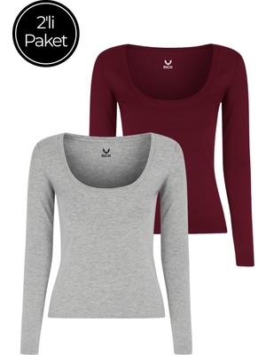 Rich Kadın 2'li Paket Gri Melanj-Bordo U Yaka Vücudu Saran Uzun Kollu Bluz