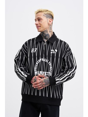 Machinist Erkek Printed And Zip Polo Sweatshirt Siyah