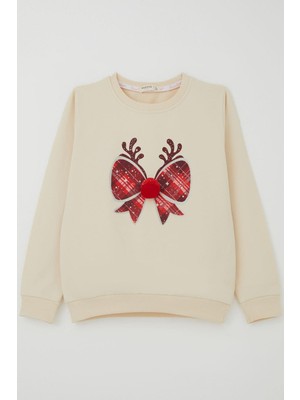 Breeze Kız Çocuk Sweatshirt Ponponlu Yılbaşı Kurdeleli 6-12 Yaş, Krem