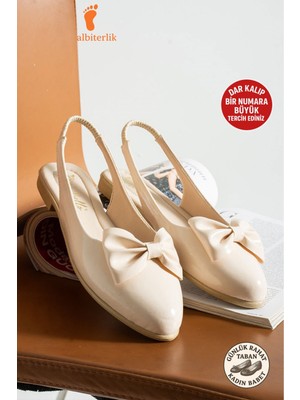 Albishoes Kadın Topuğu Açık Lastikli Kurdeleli Günlük Babet Yumuşak Rahat Taban Fiyonklu Babet