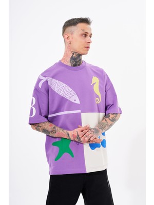 Machinist Erkek 87 Sea Shells Baskılı Oversize Tişört Mor-Uzay Gri