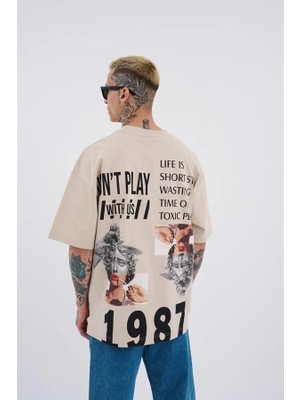 Machinist Erkek Hunt Your Dreams Baskılı Oversize Tişört Açık Bej