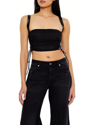 F21 Suni Deri Askılı Bluz