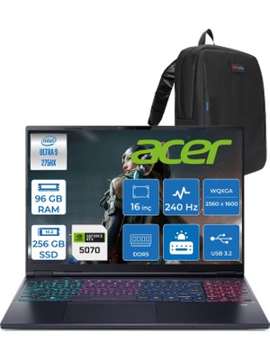 Acer Predator Helıos Neo 16S Aı Intel®core™ Ultra 9 275HX 96GB Ddr5 256GB SSD 8GB/RTX5070 115W OLED 16"wqxga 2560 x 1600 240Hz Freedos Gaming Bilgisayar. NHQZFEY002F26+ZETTAÇANTA