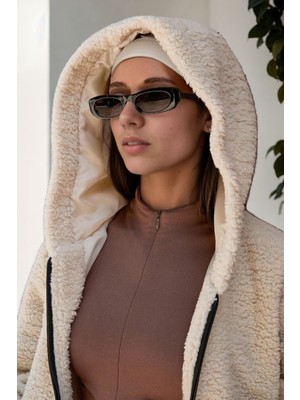 Hiramir Peluş Deri Biyeli Kapüşonlu Fermuarlı Mont Bej KS2501