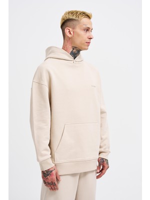 Machinist Erkek Basic Diagonel Kapüşonlu Sweatshirt Açık Bej