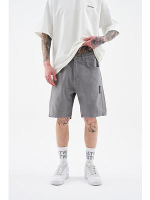 Machinist Erkek M Logo Jean Şort Gri