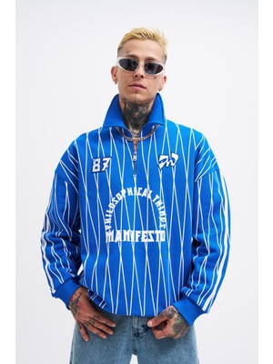 Machinist Erkek Printed And Zip Polo Sweatshirt Açık Mavi