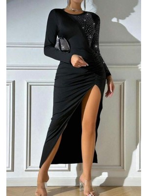 Dua Giyim Kadın Krep Dalgıç Kumaş Taş Aksesuarlı Yırtmaç Detaylı Uzun Kollu Elbise